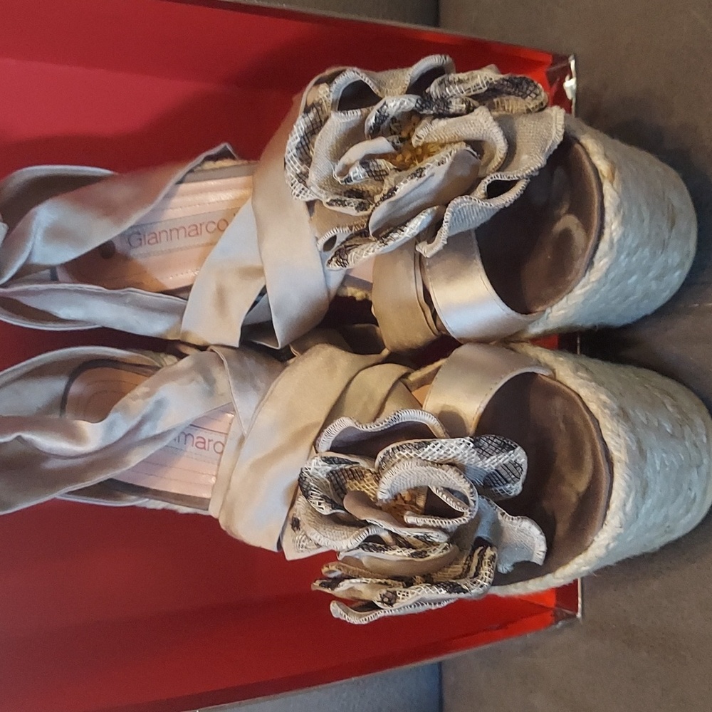 Gianmarco Lorenzi Couture Strappy Laceup Wedged Heels with Rose in Champagne